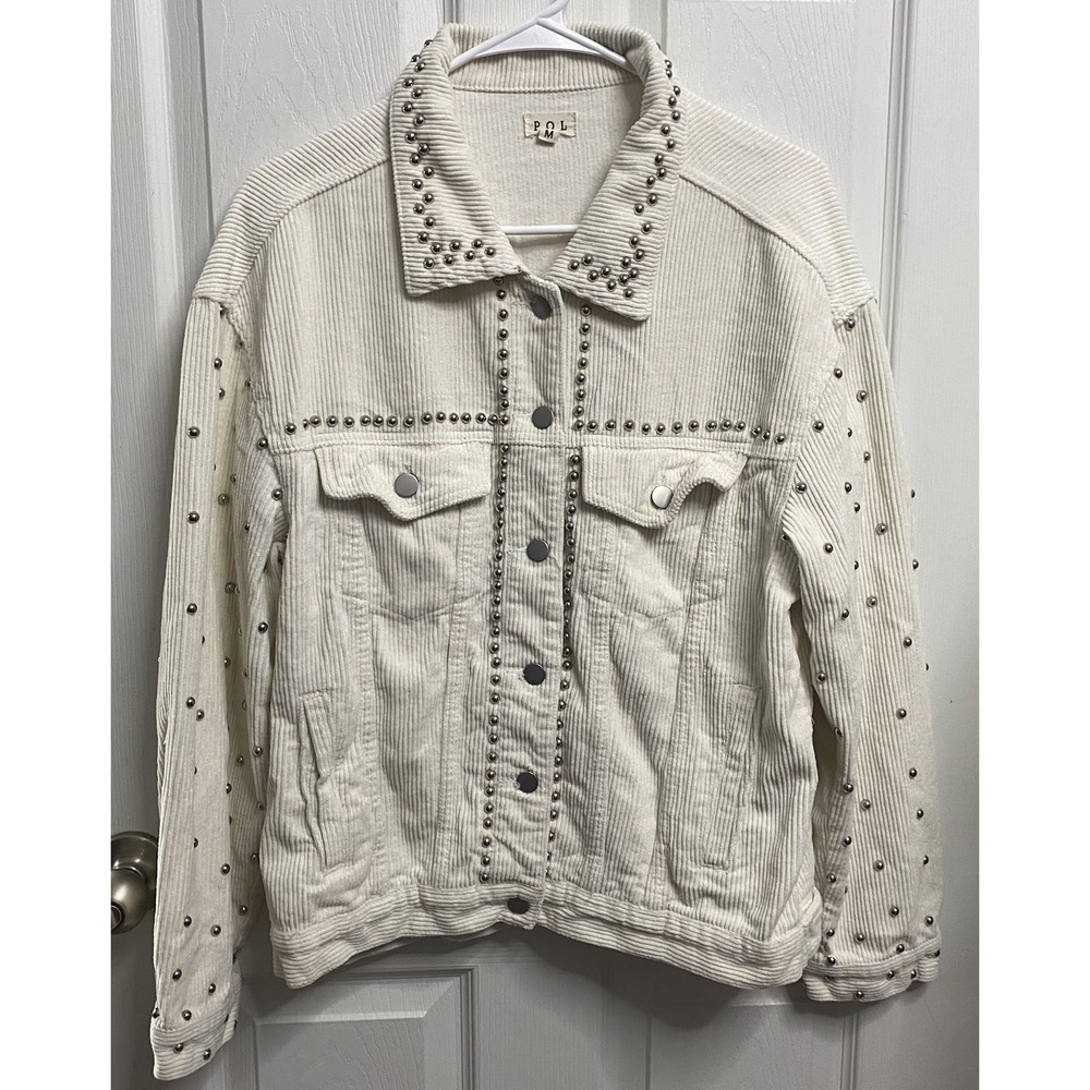 POL Women Ivory Corduroy Silver Studded Country Cowgirl Button Up Jacket M EUC